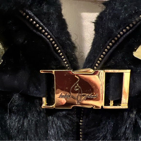 VINTAGE BABY PHAT WOMENS FAUX FUR COAT XL Black Zip Off Sleeve Gold Clasp Y2K - Picture 2 of 9